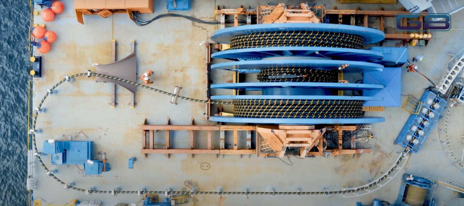 Top-down view of stacked cable reels on Nostag 10 deck