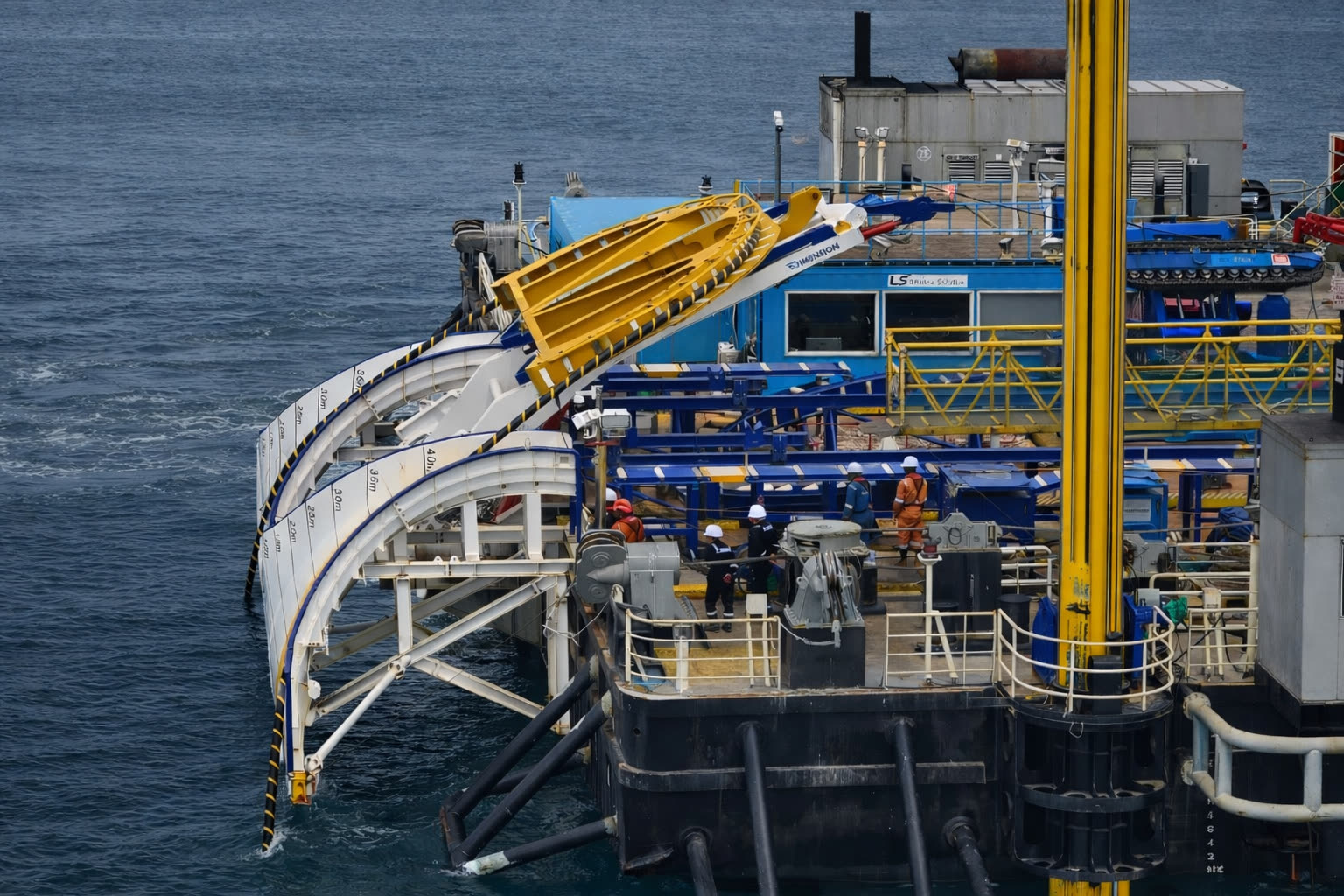JN1 second-end cable lay — float-out using buoys for nearshore beach landing