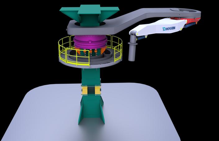 3D concept render — Dimension spooling arm on slew-bearing pedestal beside the carousel