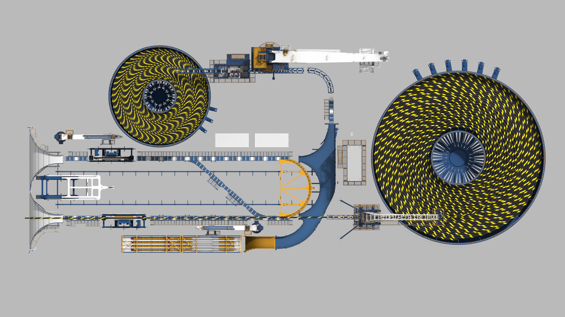 Compensated Cable Laying System — top-down plan layout showing dual carousels, cable highway and travelling quadrant