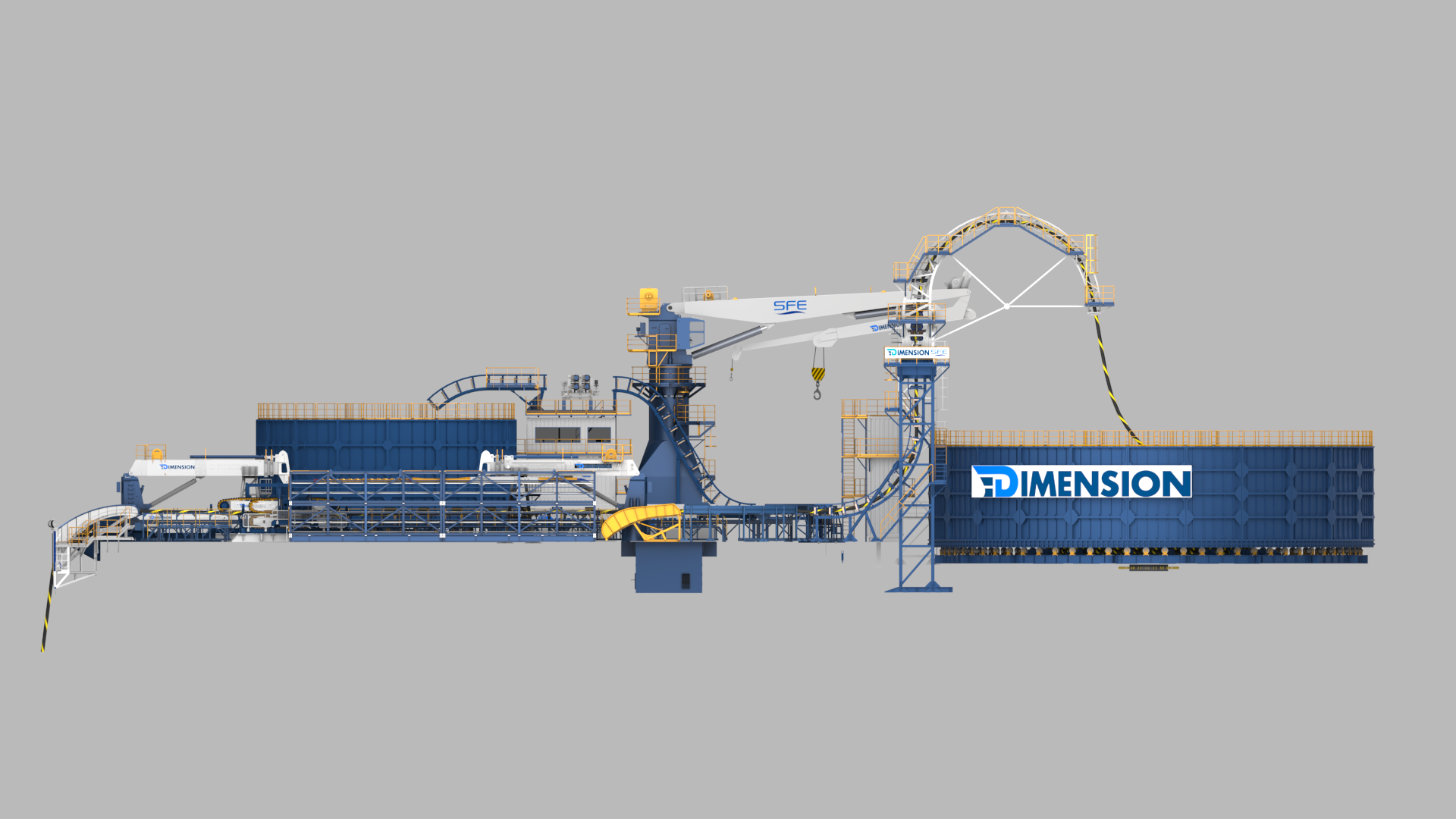 Compensated Cable Laying System — side elevation render with branded carousel container