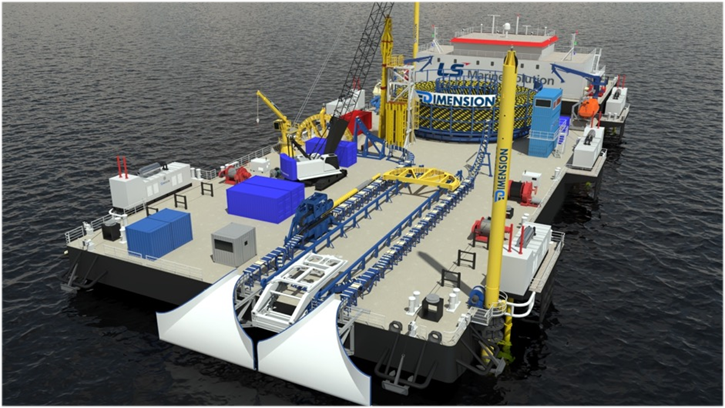 Compensated Cable Laying System — installation vessel render with deck-integrated lay spread