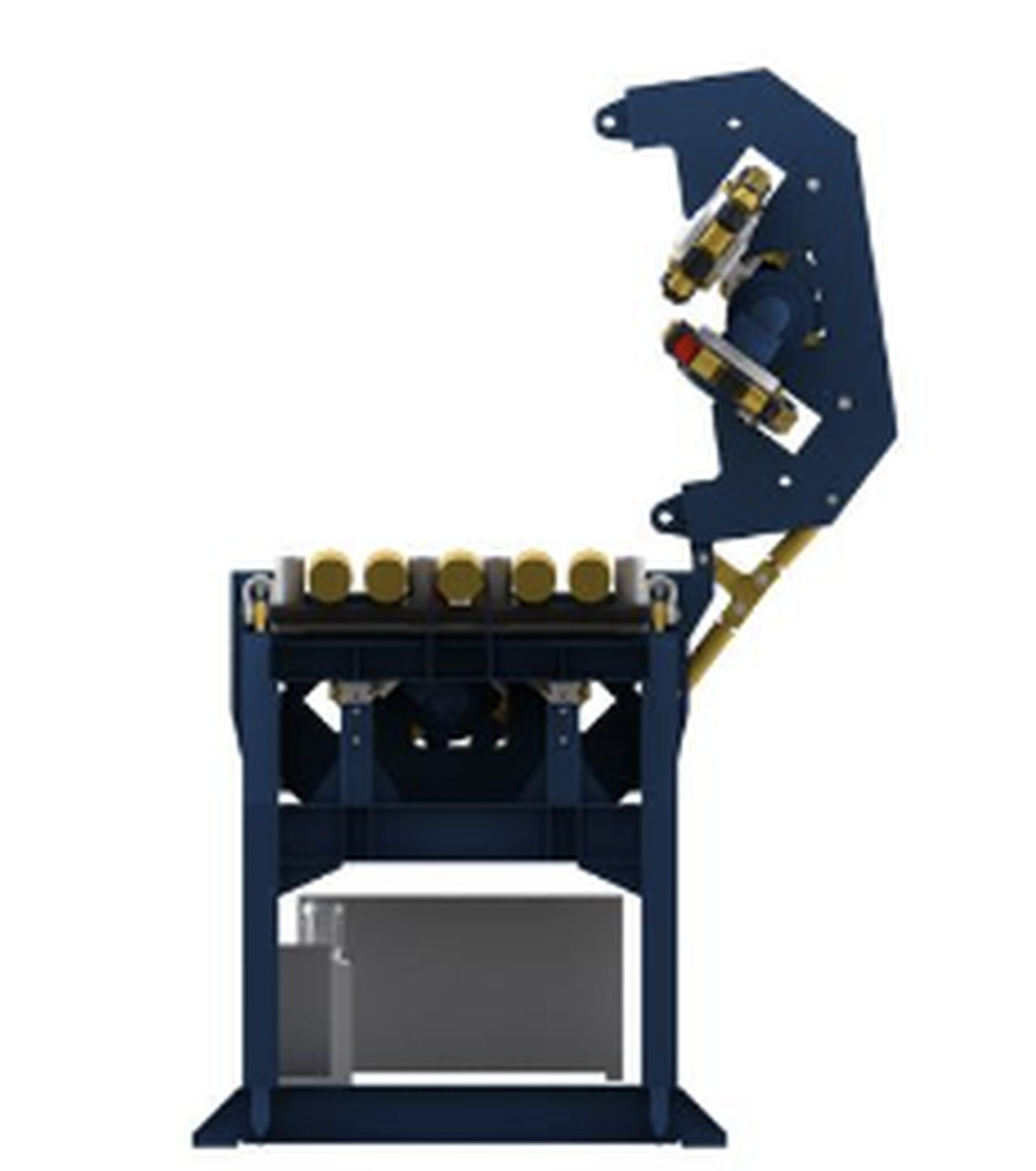 Side view — hinged upper tracks for quadrant by-pass and top loading