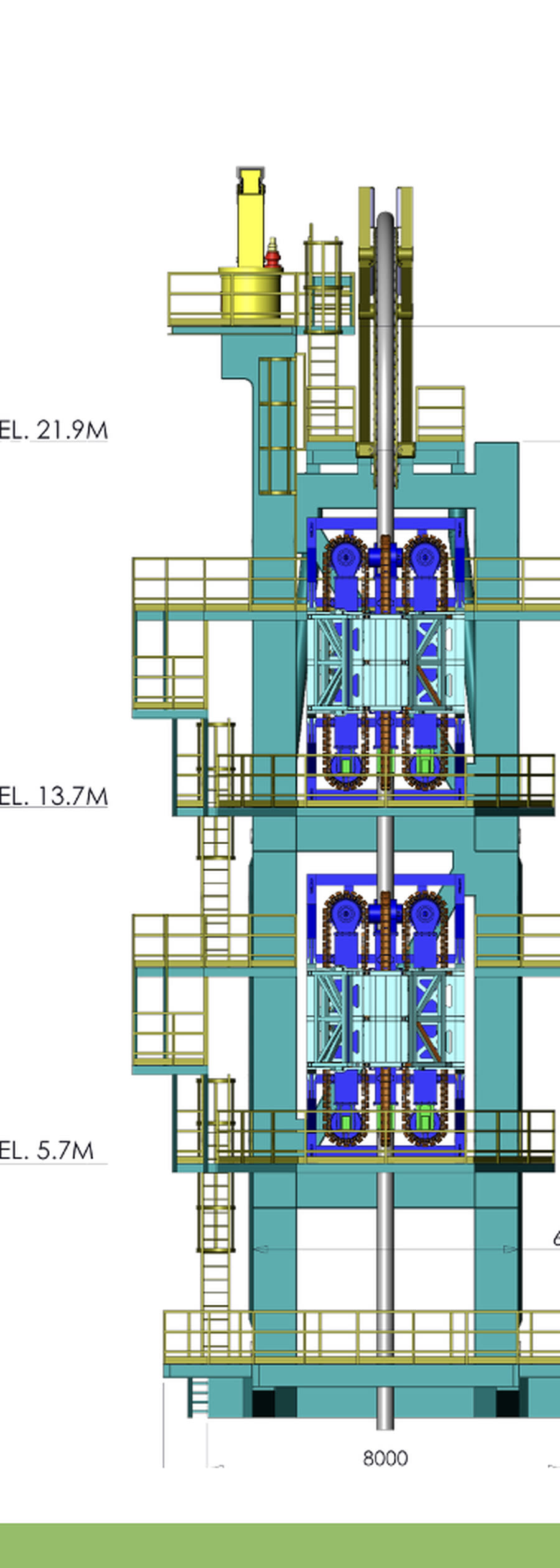 Front elevation — twin tensioner stack, full 21.9 m height, 8.0 m base
