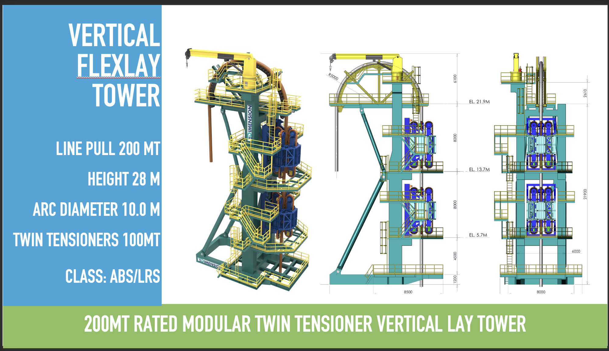 200 MT twin-tensioner vertical lay tower: 3D render with side and front elevations