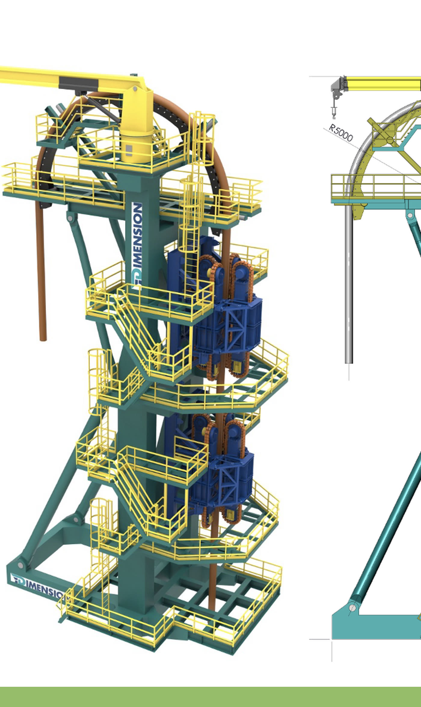 3D render — twin 100 MT four-track tensioners stacked across three deck elevations, integrated arc and top jib crane