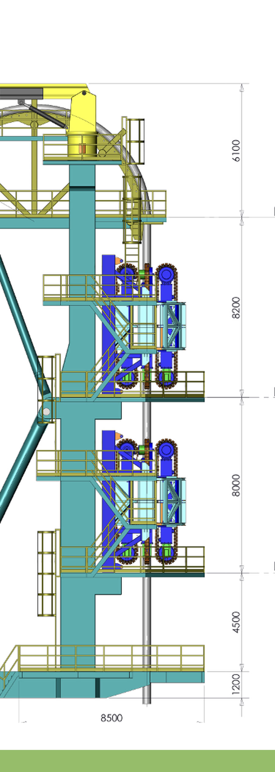 Side elevation — 21.9 m to top deck, R 5000 mm arc, 8.5 m base; EL. 5.7 / 13.7 / 21.9 m operating decks