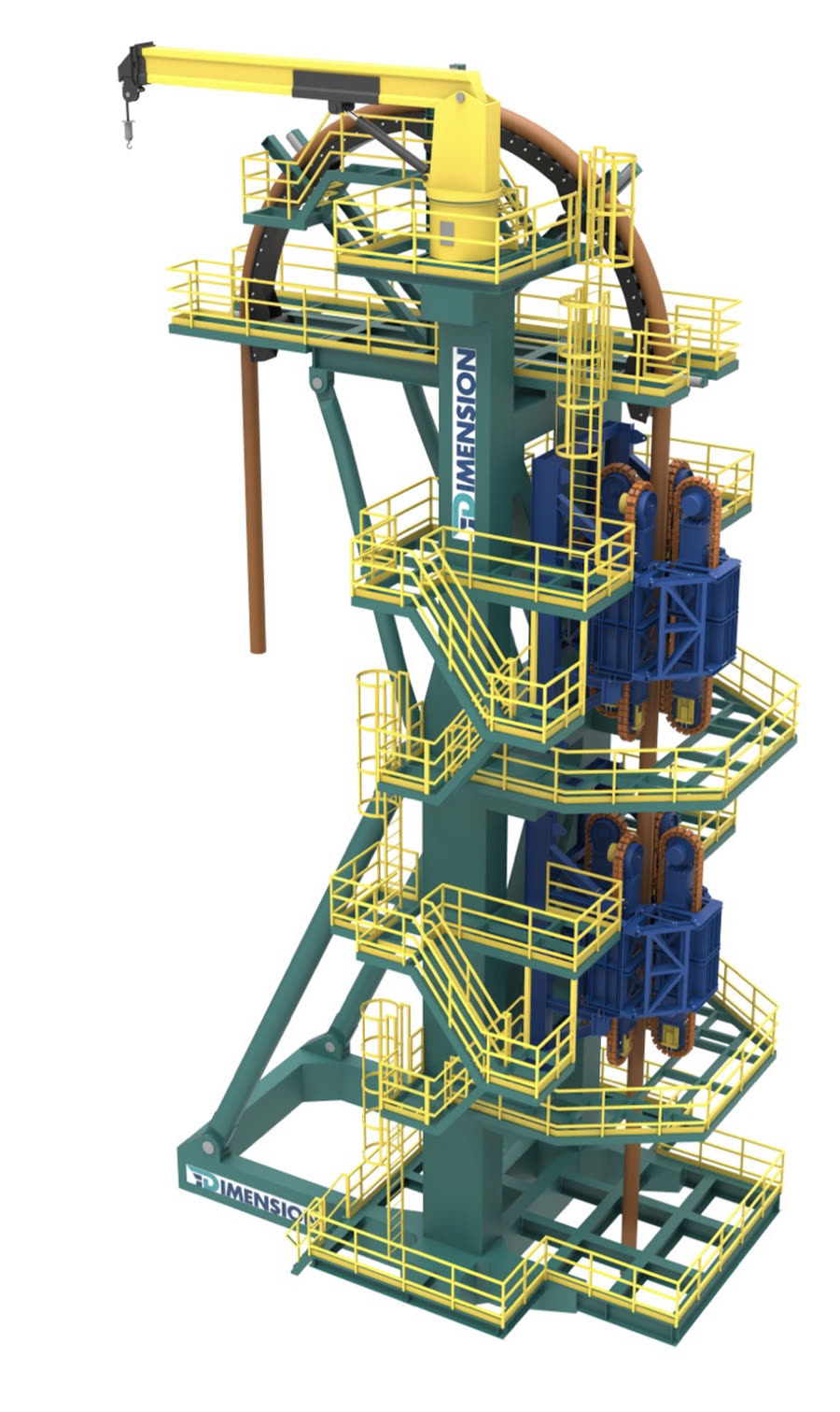 200 MT Modular Twin-Tensioner Vertical Flexlay Tower — full 3D render