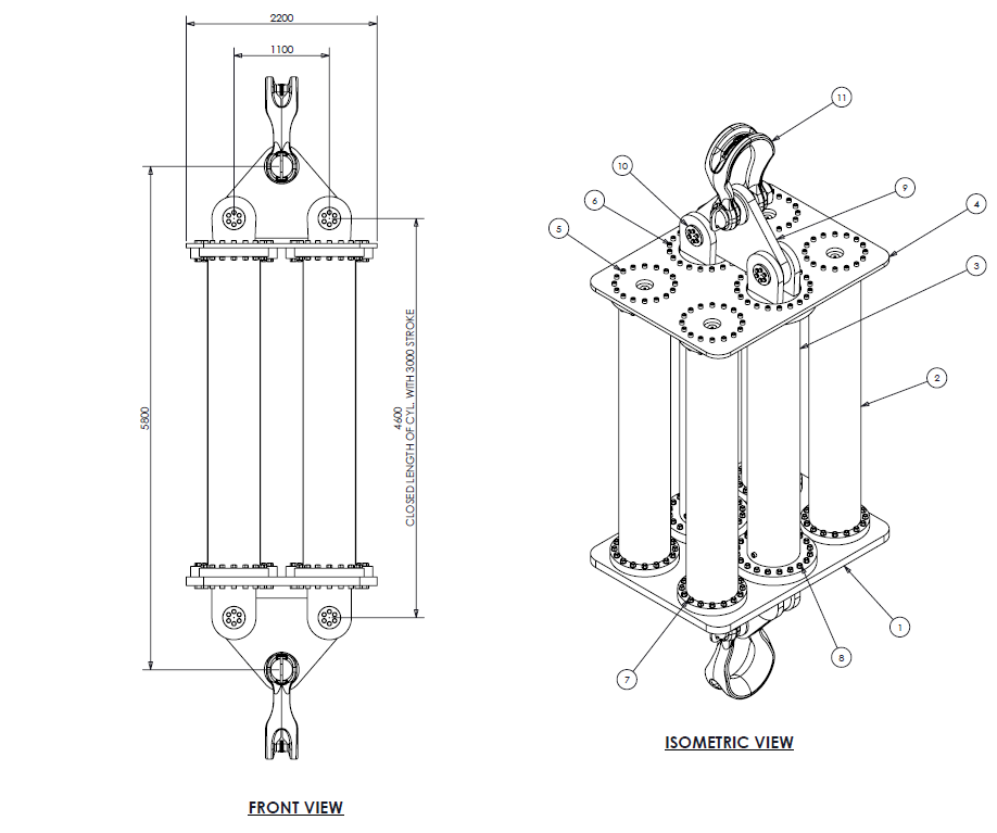 600 T Passive Heave Compensator — front view and isometric arrangement drawings