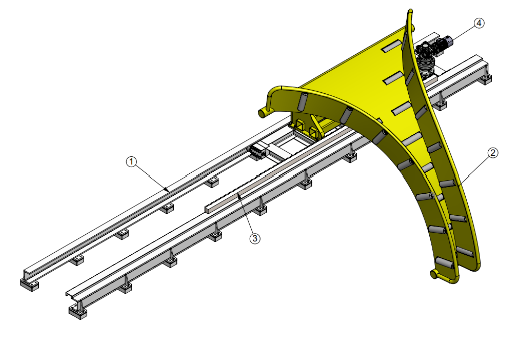 Traversing Spooler — CAD isometric of carriage, rails, gearmotor and chute