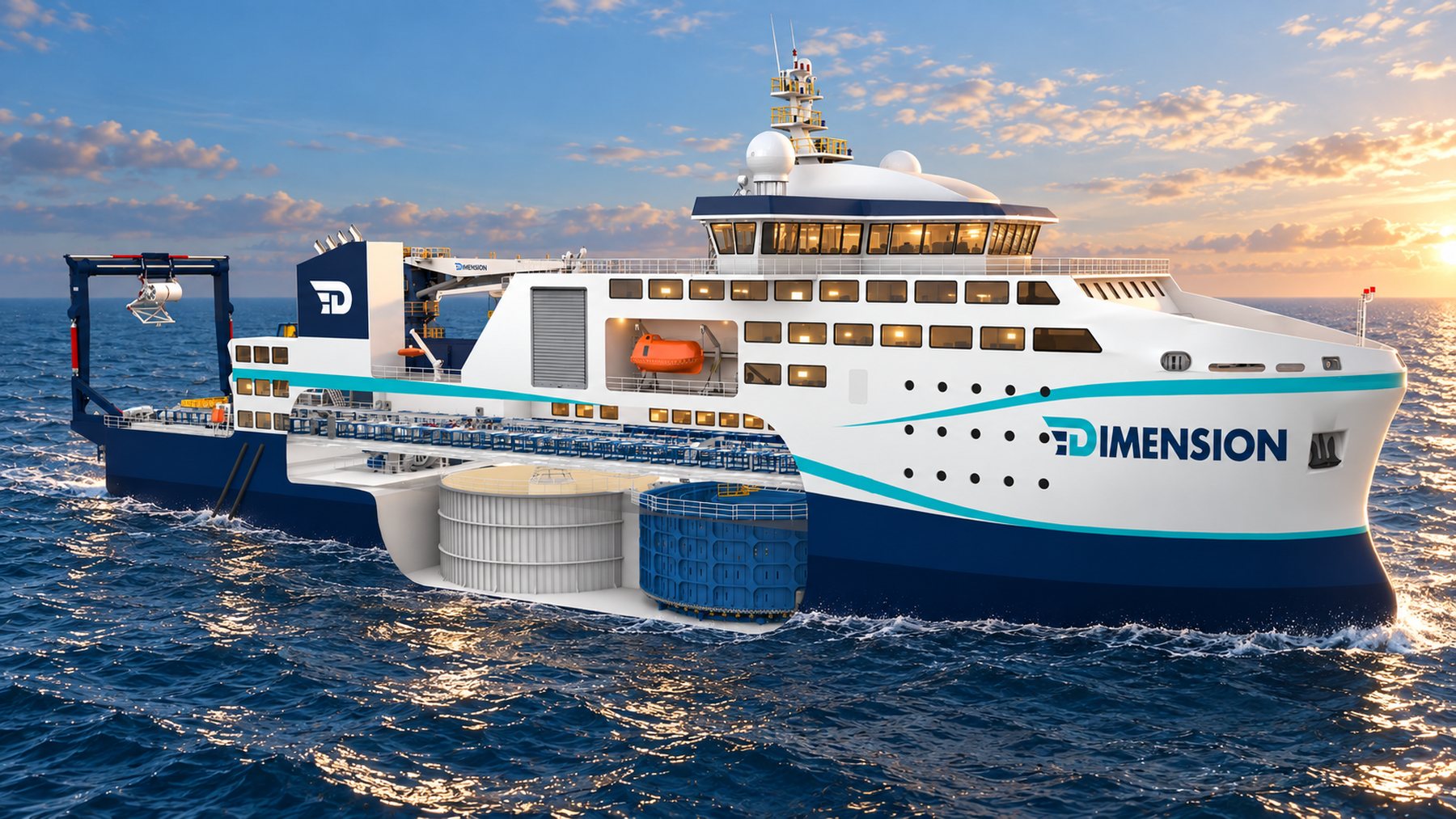 Cutaway render of the Maxwell Class cable deck showing the cable route from the carousel aft to the overboarding arrangement