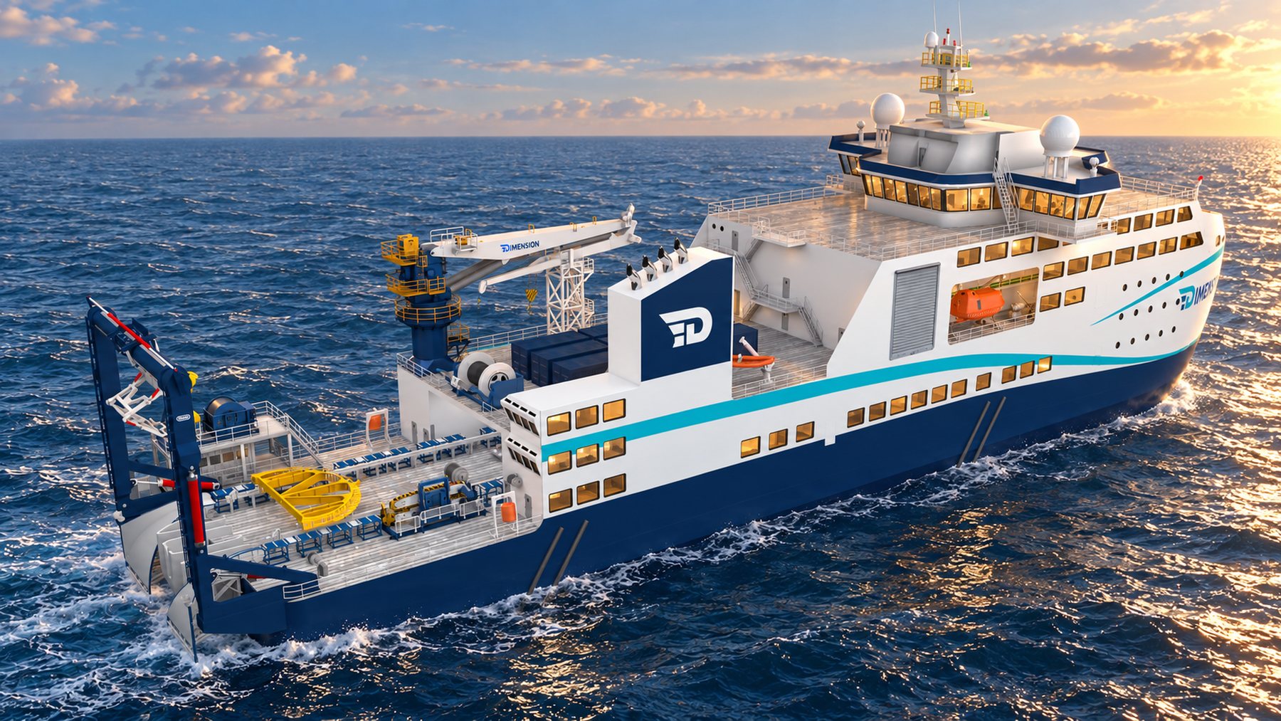 Maxwell Class from the port quarter with the working deck rigged for power cable installation