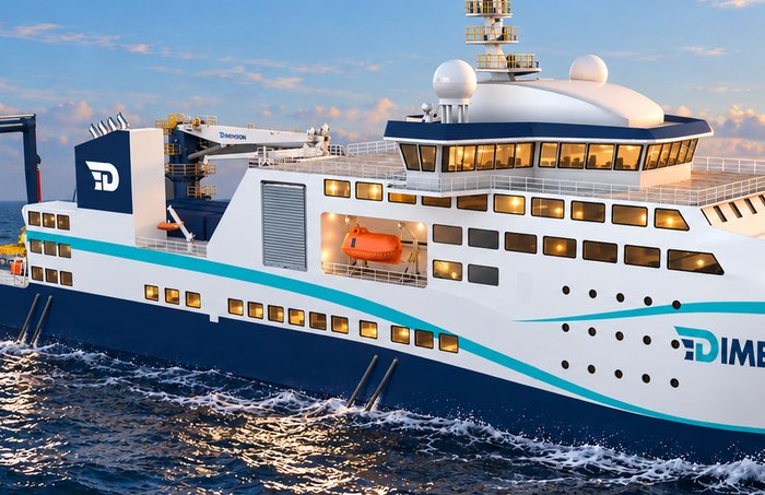 Cable lay vessel design render — bridge, deck crane and accommodation block