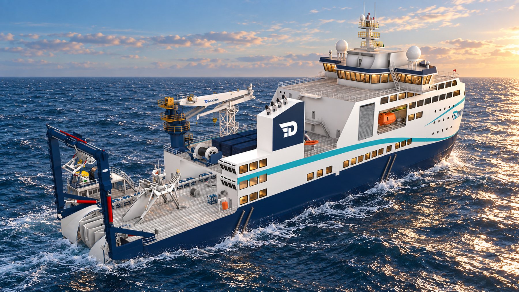 Maxwell Class stern quarter showing the plough on deck, the stern A-frame and the ROV launch arrangement
