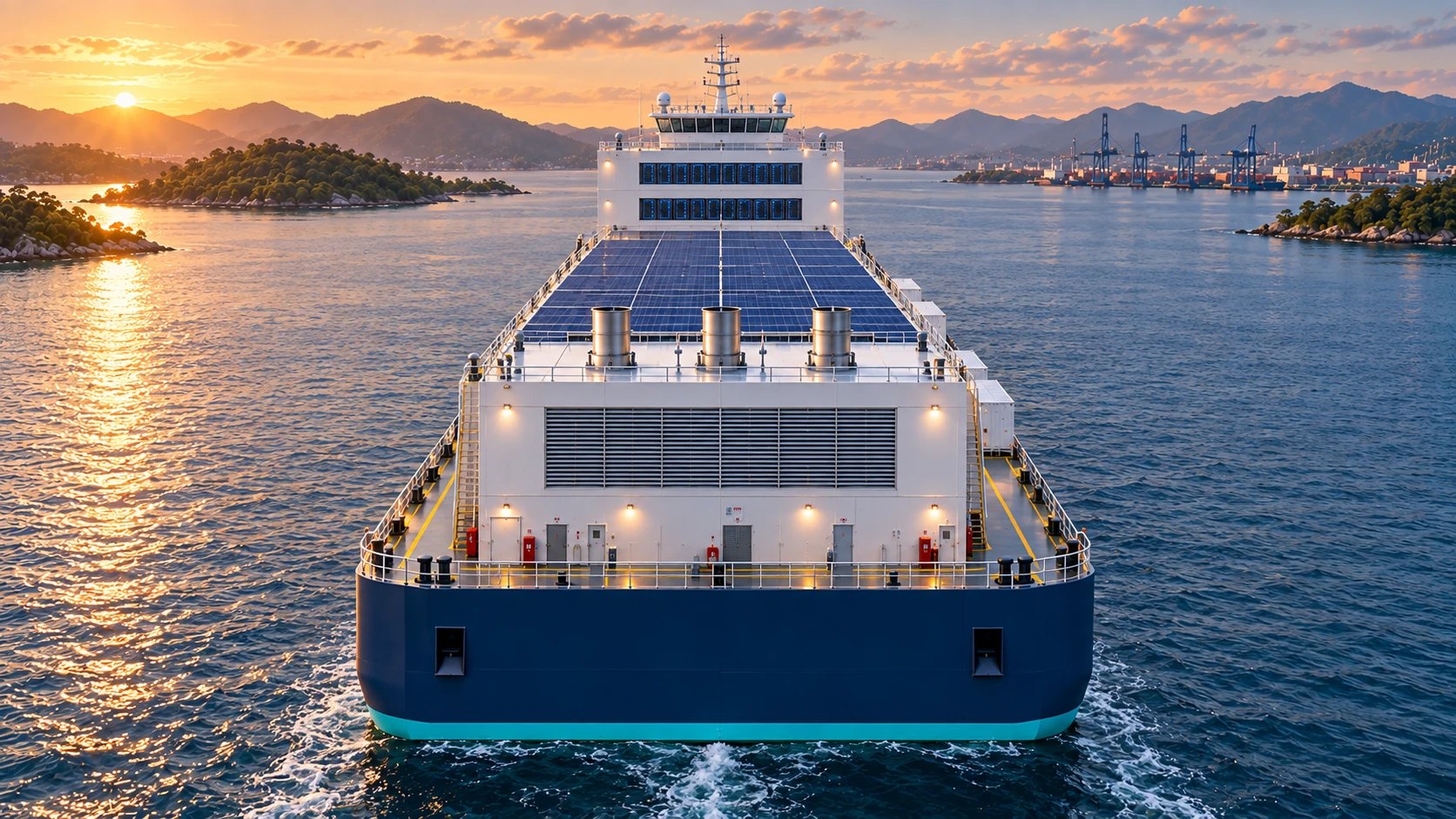 Head-on view of the Neumann Class showing the rooftop solar array, data hall ventilation louvres and exhaust stacks
