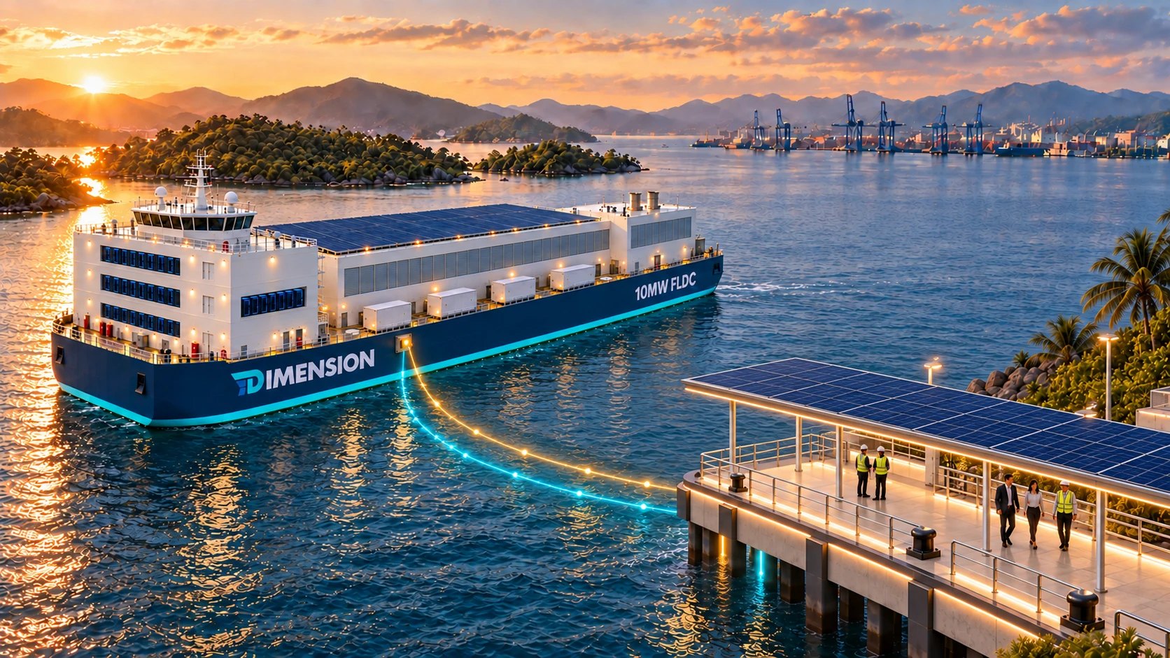 Neumann Class alongside a service jetty, with the power and fibre data routes running ashore to the landing point